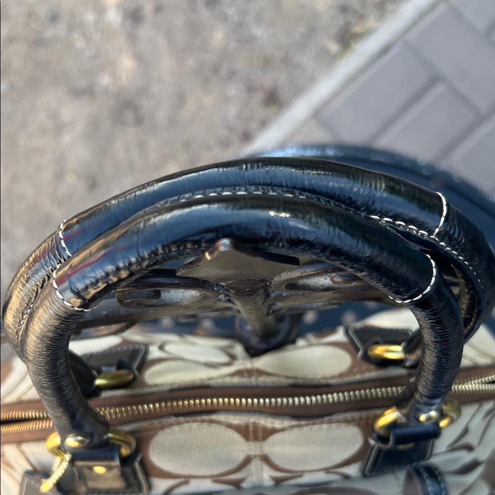 Coach Beige and Dark Brown Signature Canvas Satchel with Gold Hardware - Picture 4 of 7